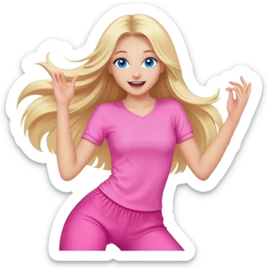 Pretty Blonde with long hair model, blue eyes In pink clothes super excited and happy dance sticker