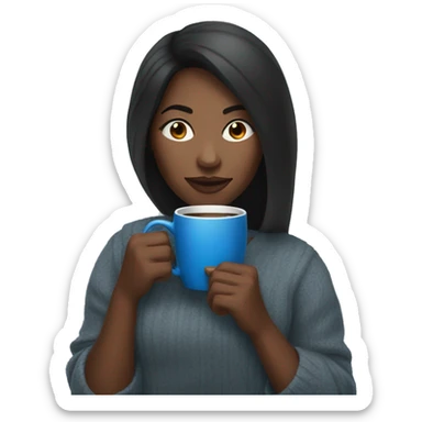 black woman, straight hair, holding blue mug of coffee with a cozy expression sticker