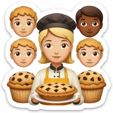 Baking community humanless avatar in vibrant style illustration. Pie, cookie, and muffin warm golden tones, simple shapes, flat design, high contrast. sticker