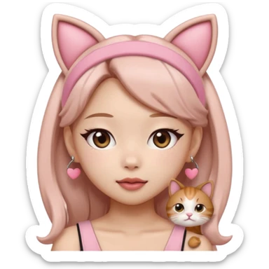 “Cartoon emoji of Jennie from BLACKPINK, heart-shaped face, almond upturned eyes, defined jawline, soft blush, chic expression, cat ears headband” sticker