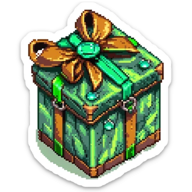 voxel-style floating gift box with rustic brown sides, lighter clay streaks, neon-green turf lid spilling over, emerald gemstone-edged ribbon wrapping box, bow shaped like binoculars, soft ambient glows and deep shadows, rich violet backdrop, cinematic mysterious effect sticker