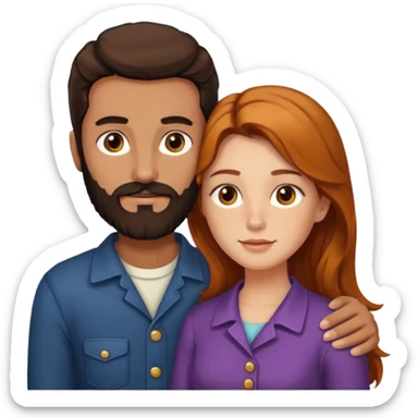 Couple. Bald man with dark brown-black beard. White woman with many small, faded freckles, she has white skin and she has auburn-yellow-brown-cinnamon, dark long hair. She has light brown eyes. The man have hazel eyes. Retro style. They hug. sticker