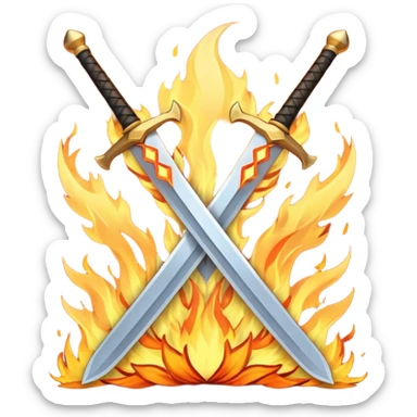 Two powerful on fire fully golden fiery royal crossed swords sticker