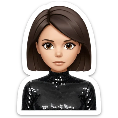 Victoria Beckham from Spice Girls with medium dark brown hair, black sequin outfit sticker