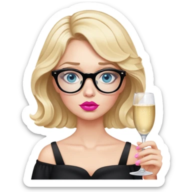 Blonde woman with short wavy hair, blue eyes and pink lips wearing black glasses looking very drowsy holding a champagne glass  sticker