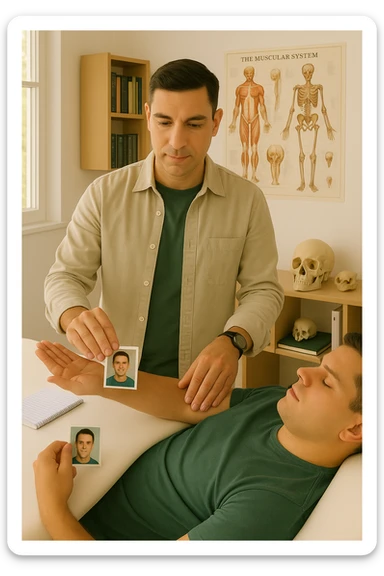 a middle-aged man, dressed in casual professional attire, is in a bright, organized therapy studio. Durante una visita di kinesiologia, il ragazzo tiene con una mano la foto di una persona lontana (il “testimone”) tiene la foto in mano, mentre con l’altra mano esegue un test muscolare su un cliente presente senza foto lui non tiene la foto. Sullo sfondo si vedono libri di kinesiologia, poster anatomici e strumenti tipici della disciplina. L’atmosfera è concentrata e serena, con luce naturale che entra dalla finestra, sottolineando l’aspetto alternativo e umano della pratica. sticker