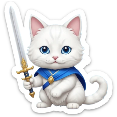 un gato blanco con una espada en cada mano y una en la boca sticker