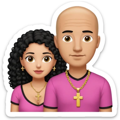 A picture if a couple. the man is a Mexican man with tanned skin, black hair, a bald hair cut, short boxed beard, and wearing a black shirt. the woman is mixed with black and white, with curly long hair, a gold cross necklace, wearing a pink shirt and with big boobs sticker