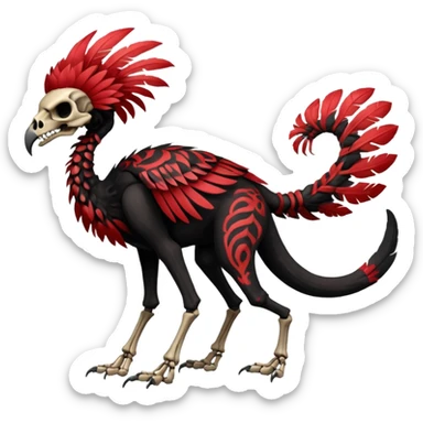 Rare realistic dark edgy evil tribal patterned red-feathered skeletal badass epic handsome gorgeous aesthetic black-skulled Vernid-Trico-species-Fakemon-creature by LiLaiRa, 4 legs, 1 tail, random markings, (full body) sticker