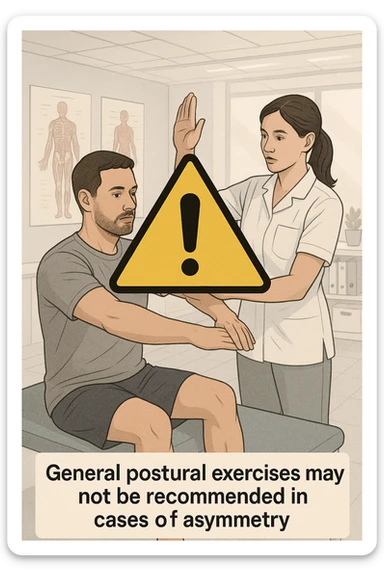 vertical editorial-style medical illustration of physiotherapist guiding man through postural exercise, large yellow warning triangle with exclamation mark superimposed over scene, caption reading 'General postural exercises may not be recommended in cases of asymmetry', clean modern clinic background with anatomical charts, bright lighting, professional educational atmosphere sticker