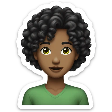 long curly black hair,eyes with a hint of green, eyes positive  canthal tilt ,medium thick shaped eyebrows , and medium thin lips, round face shape, soft jawline, full body, teen, sensual, american sticker