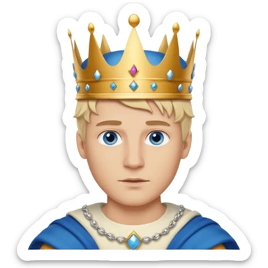 Man with blue eyes, blonde hair, and defined jawline wearing king crown sticker