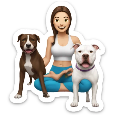 white woman with long dark brown hair expressing joy dressed in a yoga outfit alongside a pitbull dog sticker
