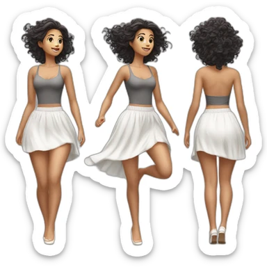 Hyperrealistic Full body Caucasian curvy beauty jumping white skirt back and front views strong wind sticker