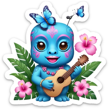 Pixar style little Blue and pink tiki singing with a butterfly and tropical flowers, ultra detailed and lifelike imagery, realistic sticker