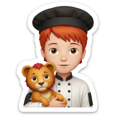 boy kid italian chef, red haired, uniform, holding plush lion sticker
