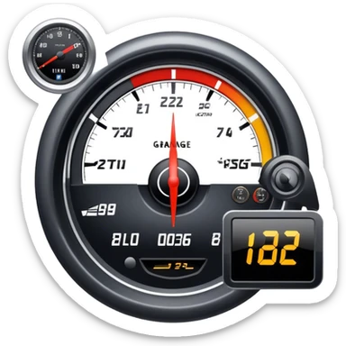 An icon showing a racing game interface, inspired by Grand Turismo. The design features a garage with a selection of high-performance cars, along with race track visuals in the background. Speedometer, lap timer, and other HUD elements add to the excitement. Transparent background sticker