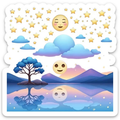 "Design a calming emoji for evening reflection. Soft moonlight, gentle stars, peaceful twilight sky, or spiritual symbols. No people - emphasize tranquil colors, night sky elements, and serene spiritual imagery." sticker