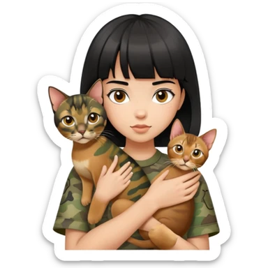 A girl with short hair and bangs is wearing camouflage short sleeves and holding an Abyssinian cat sticker