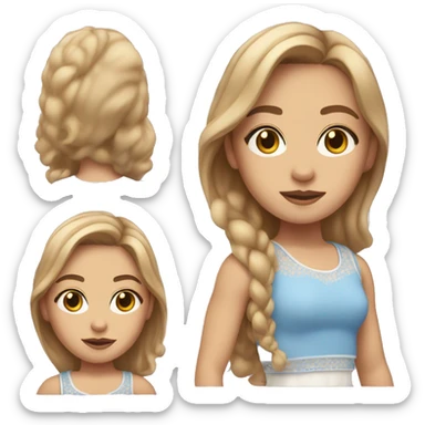 Girl with light brown hair with blond tips, hazel eyes, blue-pink crop top, white skirt sticker