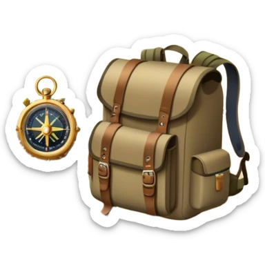 Icon for Expeditions: a compass, a map, a backpack with trekking gear, and a rugged expedition jeep, set against a backdrop of snowy mountains, sand dunes, and tropical islands. The icon should capture the spirit of adventure and exploration in diverse landscapes. Transparent background. sticker