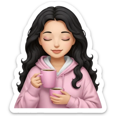 hispanic woman, black long wavy hair , closed eyes, feminine face, holding soft pink coffee cup wearing white Hoodie with pink blanket over shoulders sticker