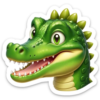 Cinematic Realistic Cute Crocodile Portrait Emoji, Head tilted playfully and inquisitively, featuring a robust, well-defined build with intricately detailed, glossy olive-green scales and a surprisingly endearing face with round, sparkling eyes full of unexpected charm, rendered with lifelike texture and natural highlights, high shine, affectionate and spirited, styled with a touch of wild whimsy, soft glowing outline, capturing the essence of a mischievous yet lovable crocodile that seems poised to snap playfully out of the screen into your arms! sticker