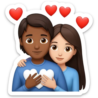 A couple hugging. The man has medium brown skin, dark brown slightly long straight hair. The woman has fair skin, long dark brown hair. White hearts around them. sticker