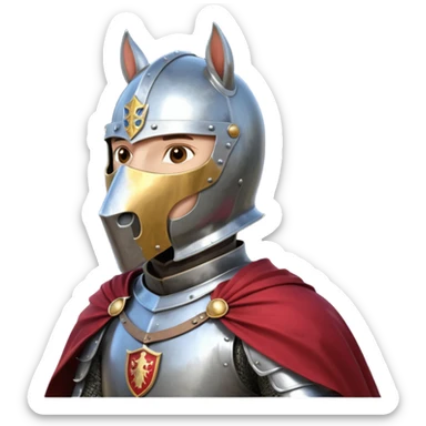 medieval knight horse rider portrait, head and shoulders only, polished steel armor collar, royal cape clasp, helmet partially visible, intense heroic eyes, fantasy medieval vibe, dramatic lighting, 3D cartoon, mobile game icon style, clean background, no text, no watermark
 sticker