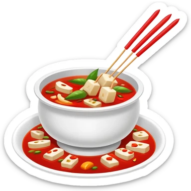 Spicy Hot Pot Skewers Malatang with various ingredients in red broth, simplified emoji style with bold outlines and bright colors, cartoon style Chinese street food bowl sticker