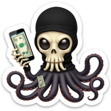 satanic octopus skeleton with scary evil eyes, wearing a black balaclava. 1 tentacle is holding a cellphone, 1 tentacle is holding a bone, 1 tentacle is holding a stack of cash. sticker