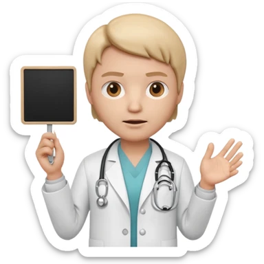 3D memoji doctor holding a small blank white sign in one hand (no text on sign), serious warning facial expression, medical coat, stethoscope, centered composition, PNG, transparent background sticker