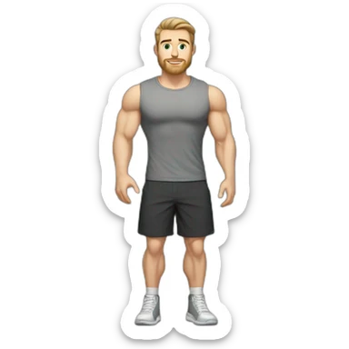 Full height Pale skinned fit man With biceps, Realistic eyes and mouth, light brown hair and stubble In dark gray sleeveless mike, black oversize sports shorts, watch and white sneakers. sticker