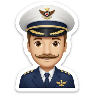 A light-skinned man with brown eyes and a mustache, smiling while wearing a white captain’s hat with a navy emblem. sticker