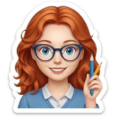 redheaded woman with long wavy hair, blue eyes, cat-eye glasses, casual outfit, holding a pencil, smiling, waving sticker