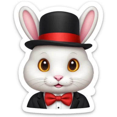 Cute emoji-style white bunny wearing a black top hat with a red band and a red bow tie, big round eyes, fluffy fur, clean mascot style, centered, transparent background, 1:1 ratio. sticker