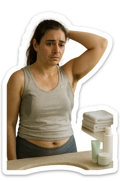 Donna tra i 25 e i 35 anni in un bagno o camerino, con espressione affaticata e leggermente imbarazzata, mentre si osserva allo specchio. È visibile una sudorazione abbondante sulla fronte e sotto le ascelle, e si notano peli più marcati su viso (mento o baffetti), addome e braccia. Indossa abiti leggeri o sportivi, e ha accanto a sé asciugamani e prodotti per la cura della pelle. Atmosfera realistica ma intima, con luce naturale e toni neutri. L'immagine trasmette consapevolezza, frustrazione e il desiderio di trovare soluzioni. Stile realistico, tono empatico e umano sticker