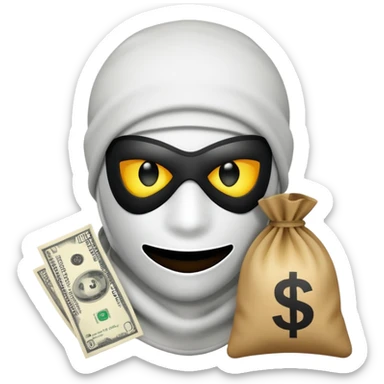 Ski mask holding money bag with white face like not the skin color white as #FFFFFF and glowing black eyes sticker
