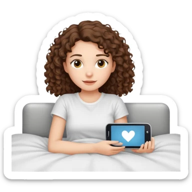 Draw a brunette girl with shoulder-length curly hair, lying on the bed watching TV.  sticker