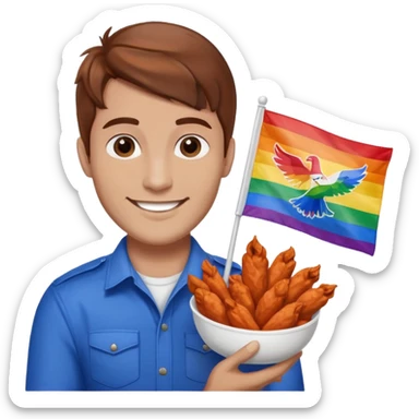 Guy with brown hair holding buffalo chicken wings and a gay pride flag sticker