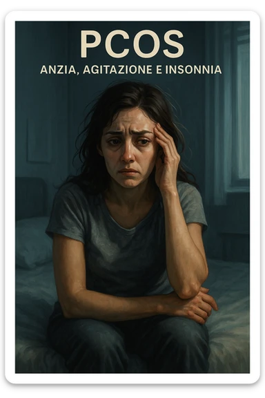 vertical realistic cinematic illustration of a woman with PCOS (polycystic ovary syndrome) showing anxiety, agitation, and insomnia. Worried expression, restless posture, tired eyes, clinical atmosphere, dramatic lighting, Italian captions, aspect ratio 2:3 sticker