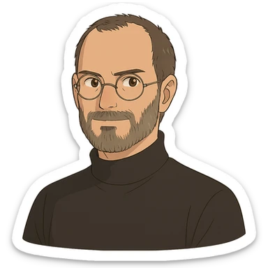 ghibli style portrait of Steve Jobs, wearing a turtleneck and round glasses, no background sticker