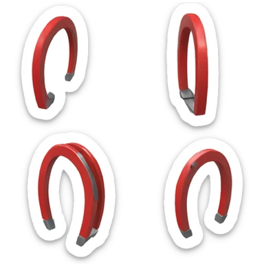 A horseshoe magnet, as used to pick up iron. Depicted at various angles in red with silver-tipped poles. sticker