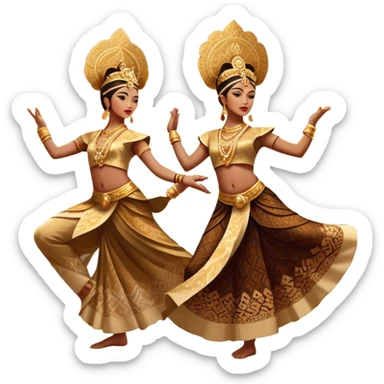 ​Cinematic Realistic Traditional Javanese Dancers, depicted as two graceful dancers in ornate traditional costumes with intricate batik patterns and elaborate headpieces, captured in dynamic poses during a ritual dance in an ancient temple courtyard, rendered with soft golden lighting and rich cultural textures, sticker