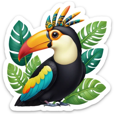 Cinematic Noble Toucan Portrait Emoji, Poised and regal, with a vibrant, striking beak and a sleek, colorful body adorned with bold patterns and keen, observant eyes, Simplified yet sharp and sophisticated features, highly detailed, glowing with a soft, tropical radiance, high shine, intelligent and majestic, stylized with an air of exotic elegance, focused and alert, soft glowing outline, capturing the essence of a watchful and confident avian guardian that appears ready to take flight out of the screen with effortless authority! sticker