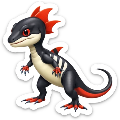 Black and white Orca-reptile-reptilian-lizard-skink-gecko-Digimon-Fakémon-hybrid full body, two legs, two arms, claws, tail, with red stripe sticker