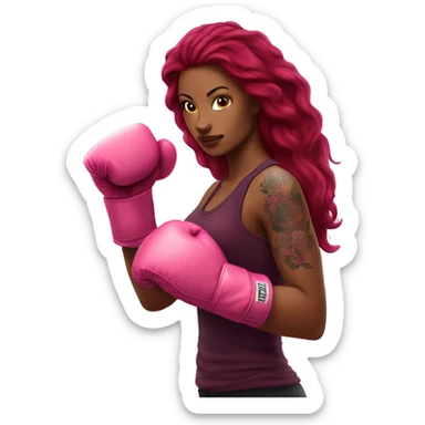 Beautiful tattooed  burgundy long haired woman boxing with pink gloves sticker