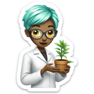 cybernetic scientist wearing a lab coat and holding a small plant, woman with green pixie cut with undercut sticker
