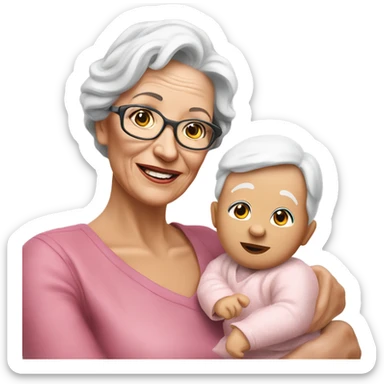 Create a 3d hyper realistic senior woman holding a cute realistic baby  sticker