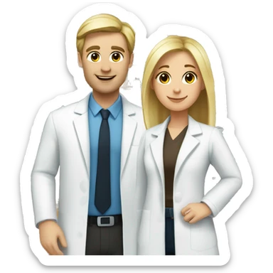 blonde female pharmacist and white male chemist with brunette hair in love sticker